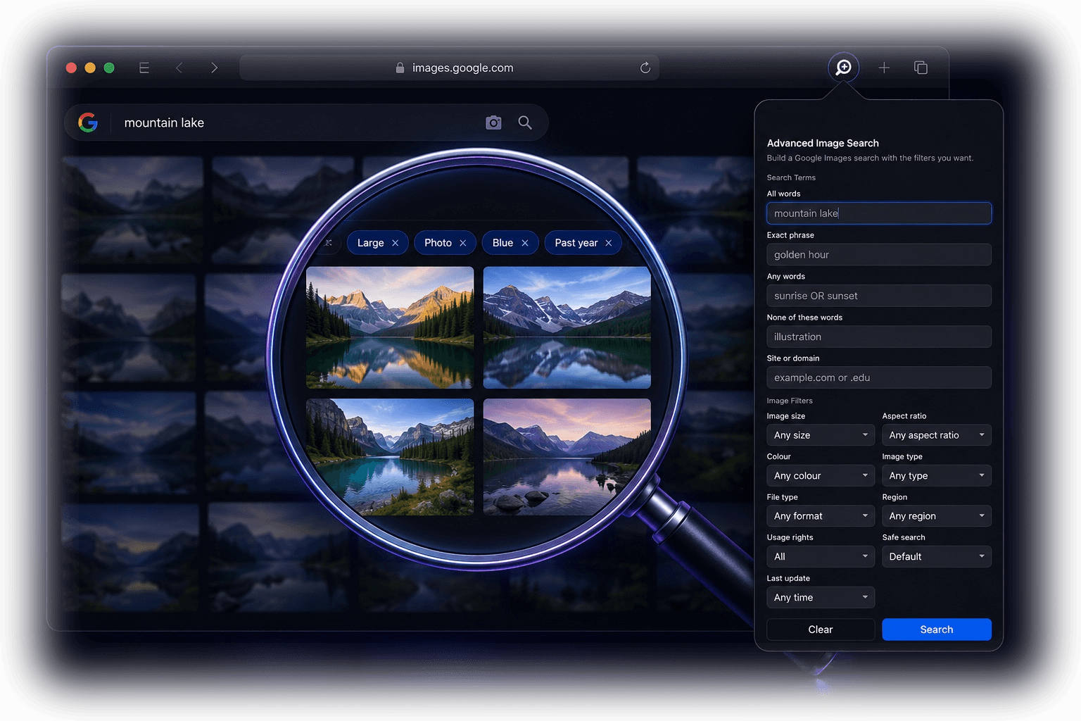 Advanced Image Search Safari extension refining image search results with a magnifying glass